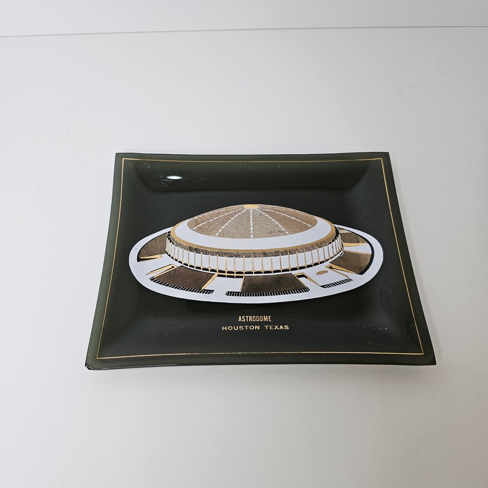 Vintage Astrodome Houston Texas Souvenir Glass Trinket Dish Tray Smoked Gold 5in